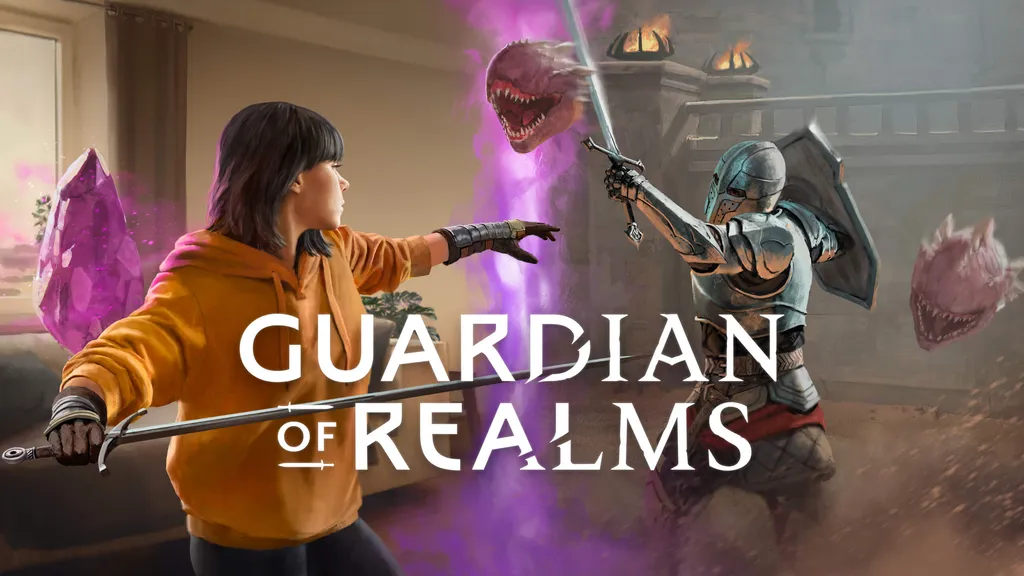 Guardian of Realms key art shows a real person attacking a digital armored enemy with a sword